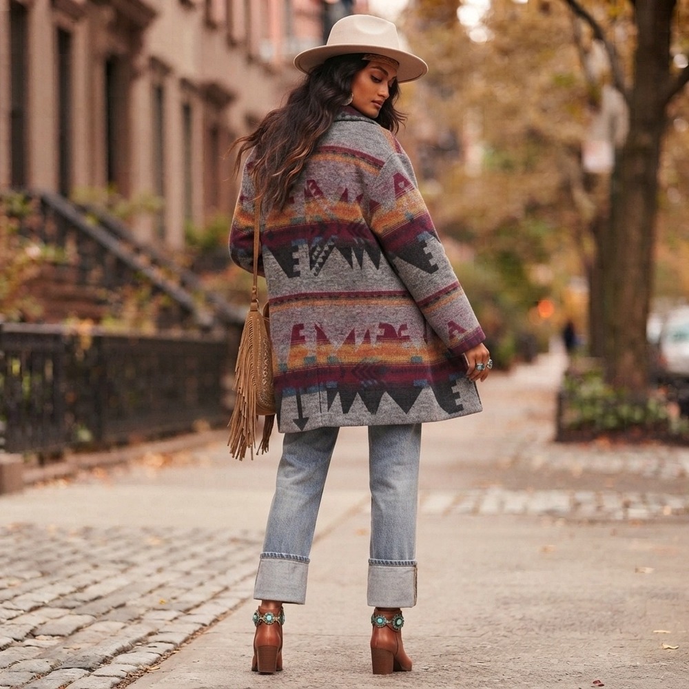 ASOS Womens Oversized Aztec Wool Blend Coat Medium Colorful Artsy Geometric Boho
